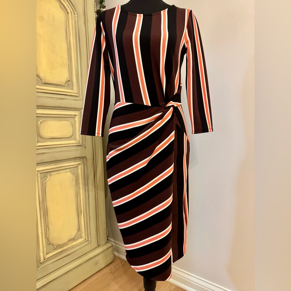 Socialite Striped Knot-Waist Midi Dress in Brown, Rust, Cream, and Black
